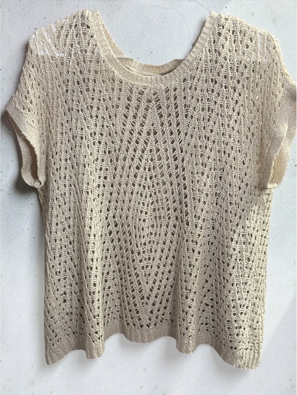 Mystree Large Ivory Open Knit Crochet Split Back Sweater Top Boho Cottagecore